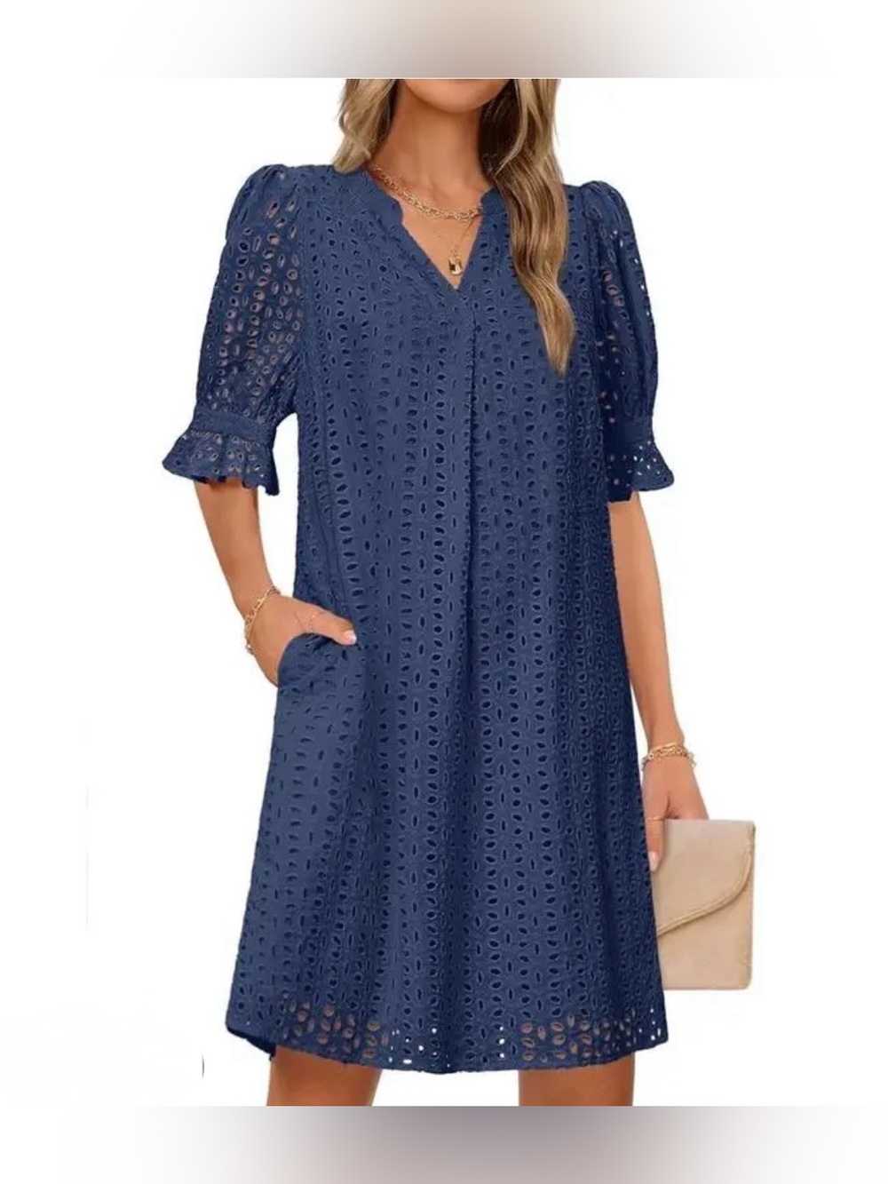 Eyelet V-Neck A-Line Dress in Navy